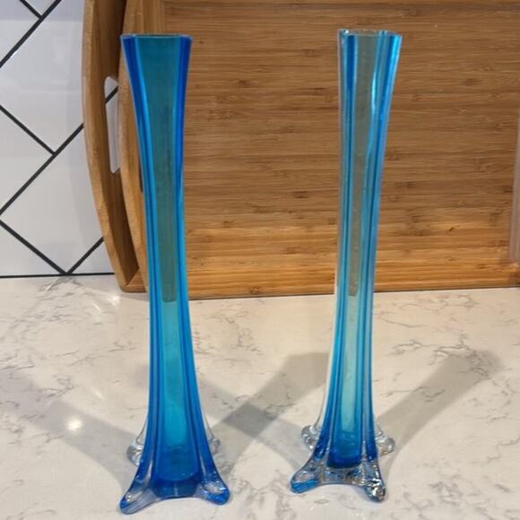Vintage MCM Style Art Glass Vase Handblown Elephant Foot 11.5in Aqua Blue x2 - Picture 5 of 5